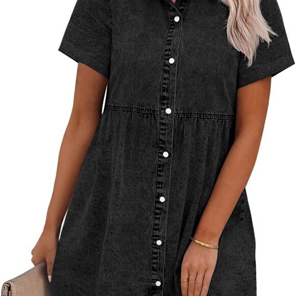 Dresses & Skirts - Women's Denim Dress Cotton Short Sleeve Casual Tiered Babydoll